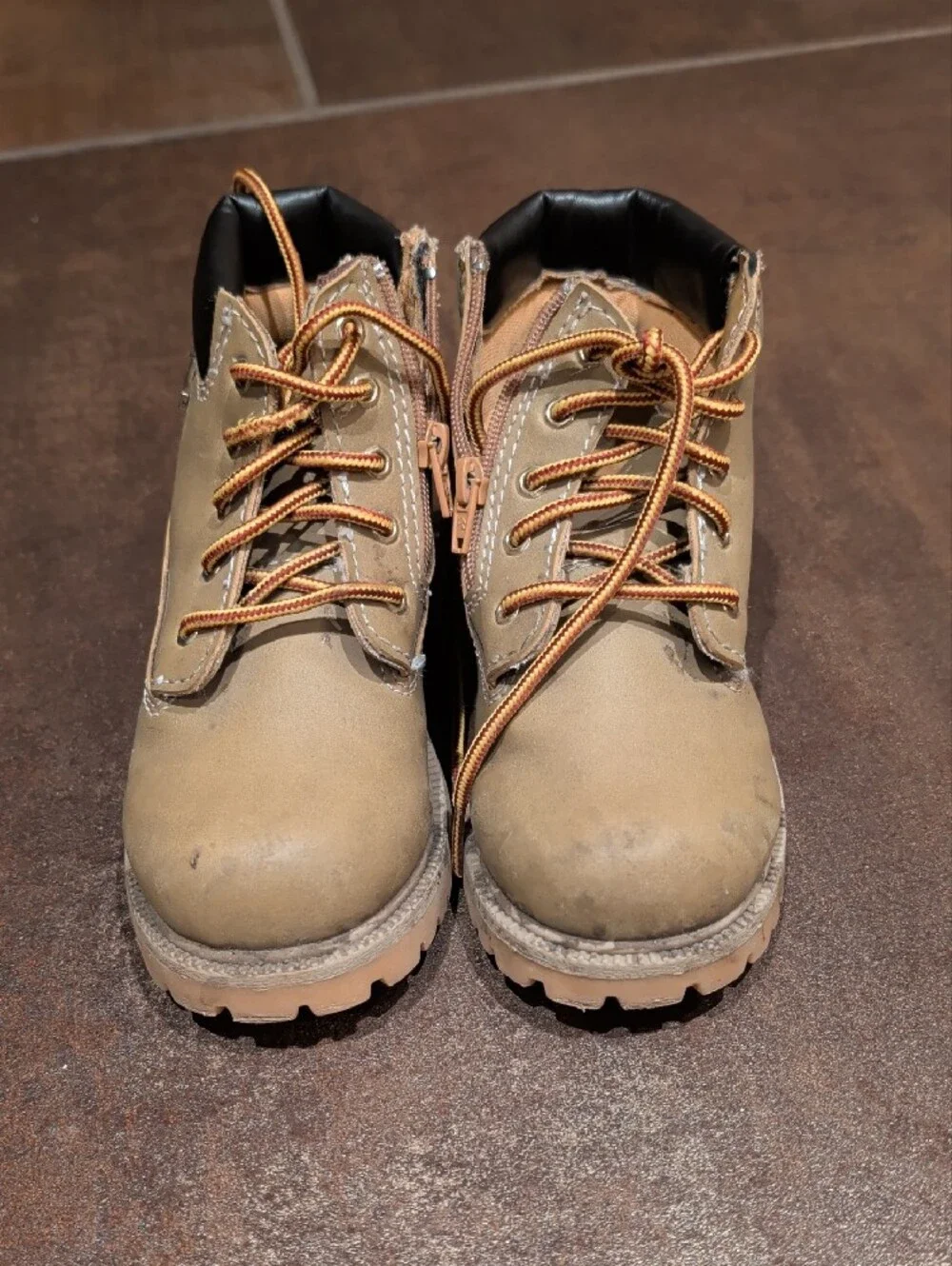 Tan Lace-Up Kids Ankle Boots with Black Collar